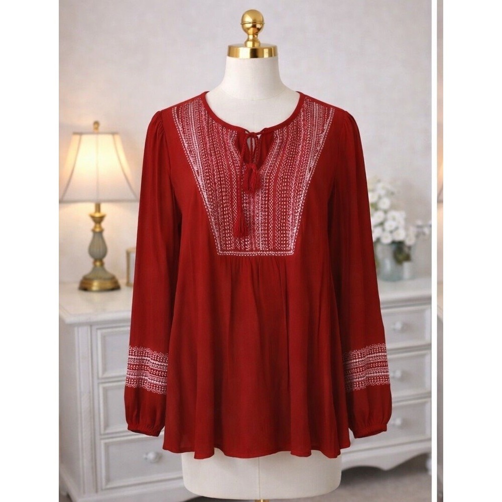Susan Graver Popover Top Crinkle Embroidered Boho Tassel‎ Tie Neck Flowy Size M